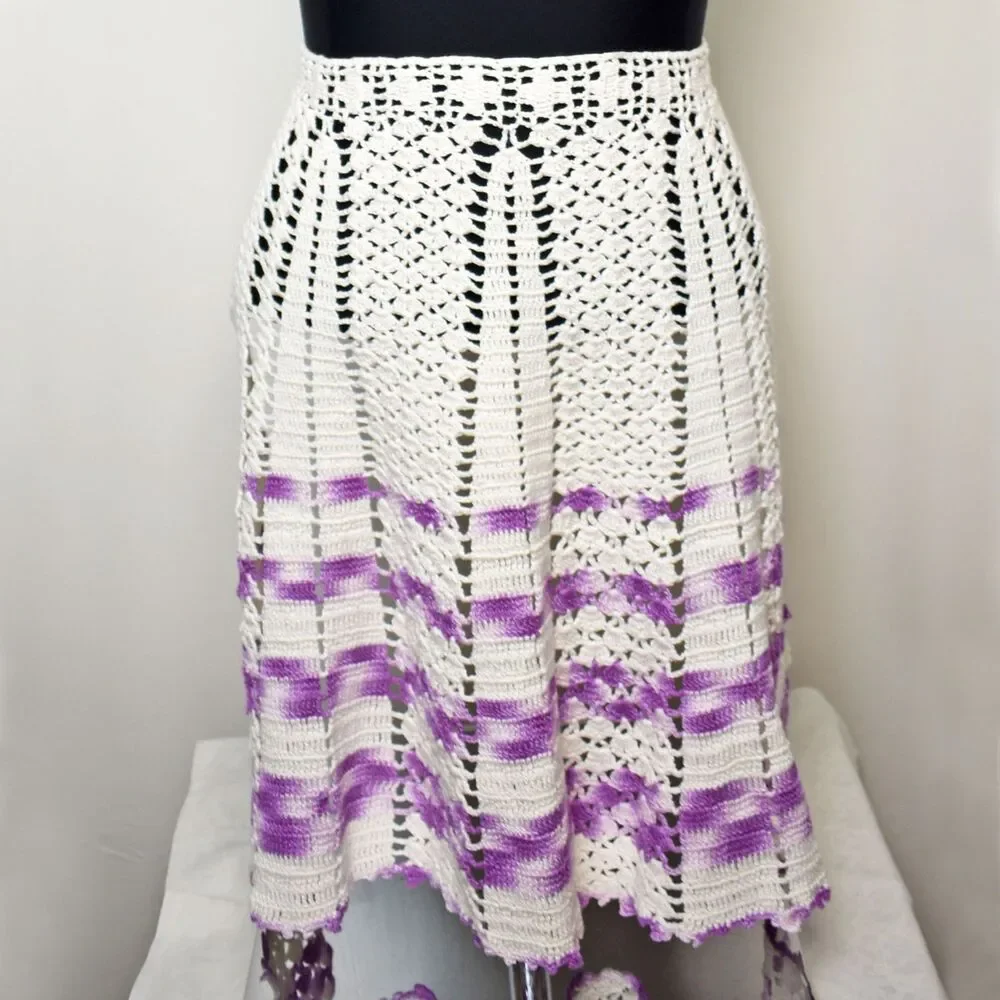 Vintage Handmade Crochet Half Apron White Purple Boho Farmhouse Kitchen Cottage